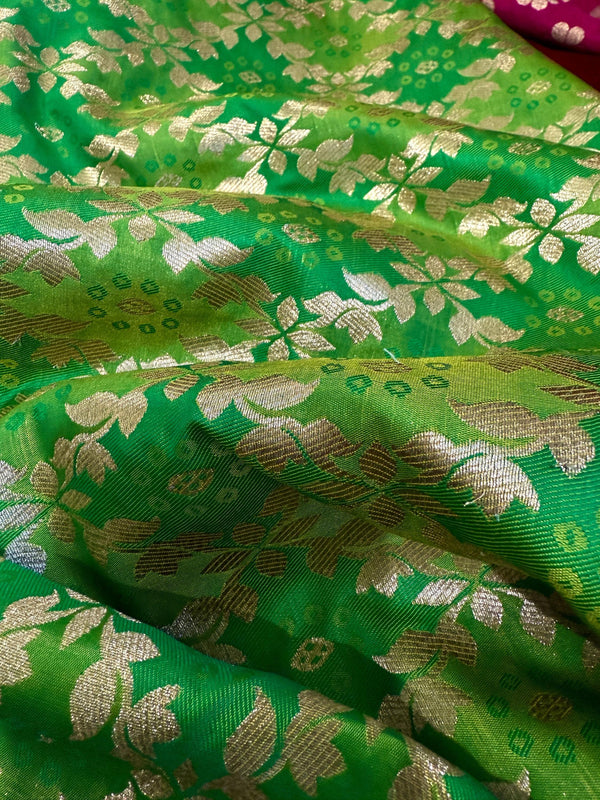 Dual Shade of Green Saree in  Banarasi Butter Soft Silk in Muted Gold Zari with Floral Design in Bandhej Pattern with Contrast Blouse