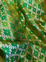 Dual Shade of Green Saree in  Banarasi Butter Soft Silk in Muted Gold Zari with Floral Design in Bandhej Pattern with Contrast Blouse