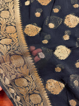 Statement Black Color Banarasi Semi Chiffon Georgette Silk Saree with Muted Gold Sliver Zari Weave | Floral Pattern | Ships from California