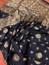 Statement Black Color Banarasi Semi Chiffon Georgette Silk Saree with Muted Gold Sliver Zari Weave | Floral Pattern | Ships from California