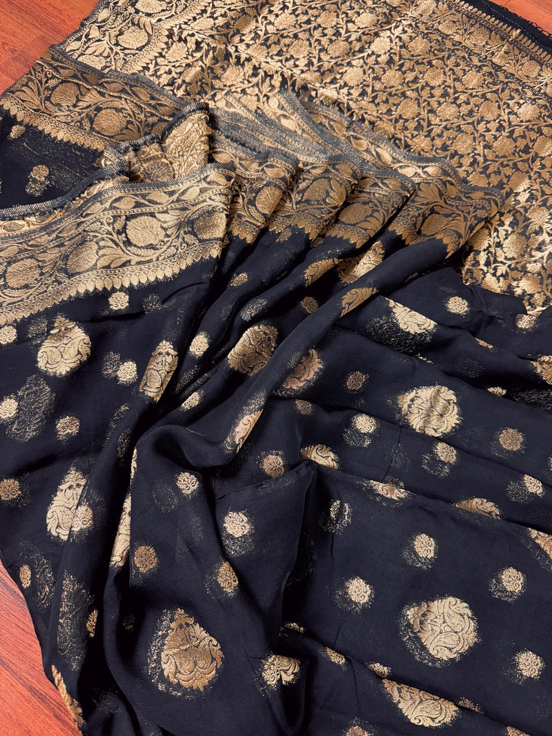 Statement Black Color Banarasi Semi Chiffon Georgette Silk Saree with Muted Gold Sliver Zari Weave | Floral Pattern | Ships from California