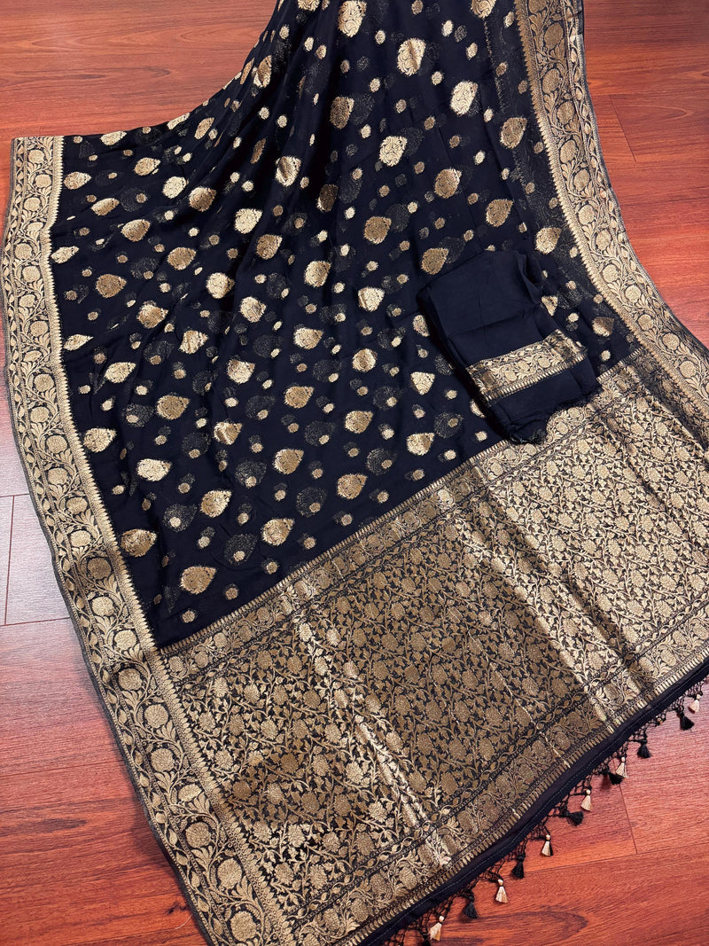 Statement Black Color Banarasi Semi Chiffon Georgette Silk Saree with Muted Gold Sliver Zari Weave | Floral Pattern | Ships from California