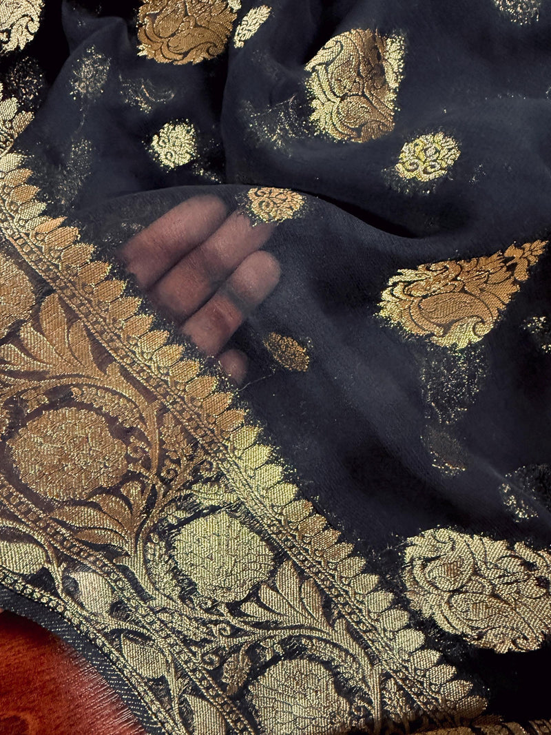 Statement Black Color Banarasi Semi Chiffon Georgette Silk Saree with Muted Gold Sliver Zari Weave | Floral Pattern | Ships from California