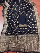 Statement Black Color Banarasi Semi Chiffon Georgette Silk Saree with Muted Gold Sliver Zari Weave | Floral Pattern | Ships from California