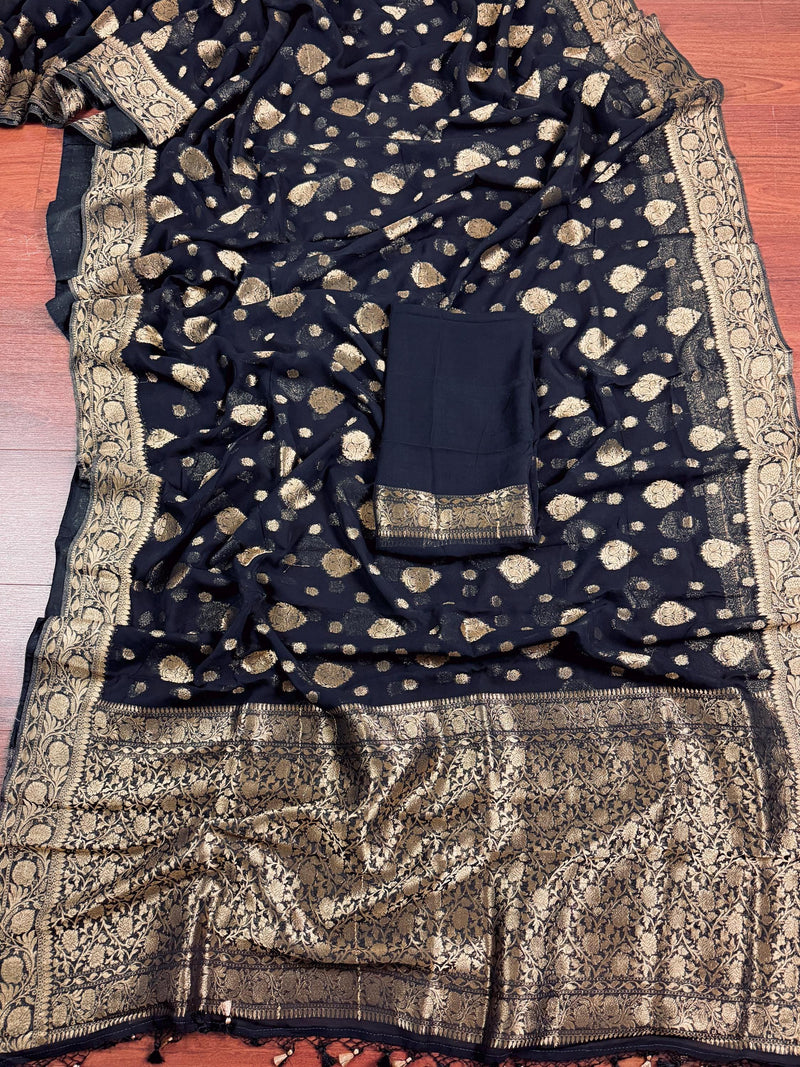Statement Black Color Banarasi Semi Chiffon Georgette Silk Saree with Muted Gold Sliver Zari Weave | Floral Pattern | Ships from California