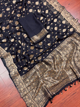 Statement Black Color Banarasi Semi Chiffon Georgette Silk Saree with Muted Gold Sliver Zari Weave | Floral Pattern | Ships from California