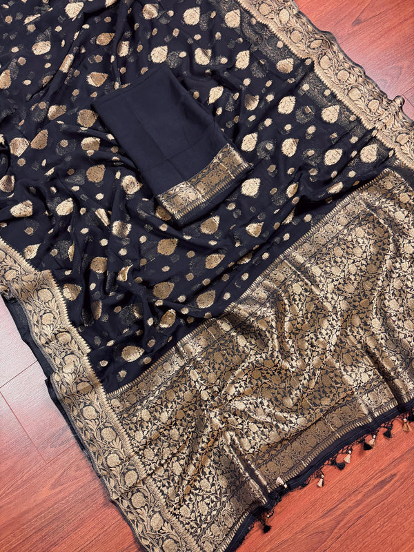 Statement Black Color Banarasi Semi Chiffon Georgette Silk Saree with Muted Gold Sliver Zari Weave | Floral Pattern | Ships from California