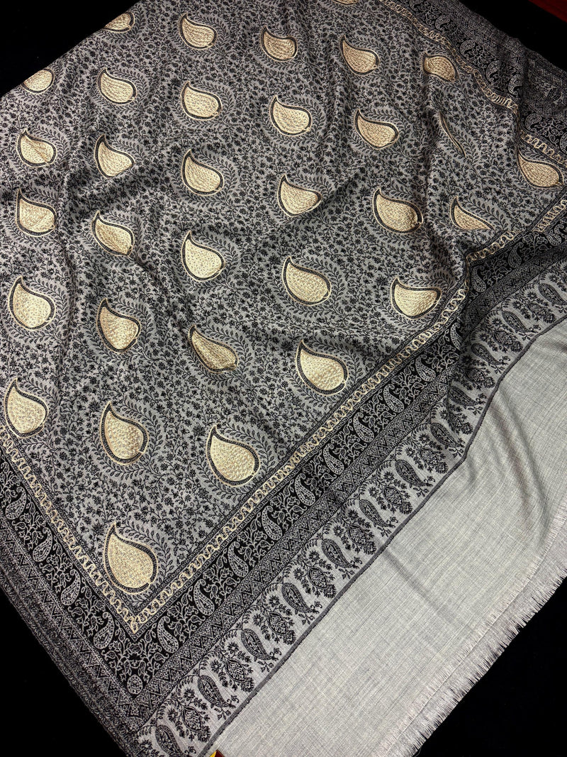 Grey Color Soft Pashmina Shawls with Resham Aari Work | Light Weight Shawls | Kashmiri Pashmina Shawls | Ships from California