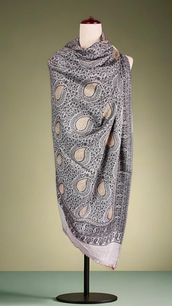 Grey Color Soft Pashmina Shawls with Resham Aari Work | Light Weight Shawls | Kashmiri Pashmina Shawls | Ships from California