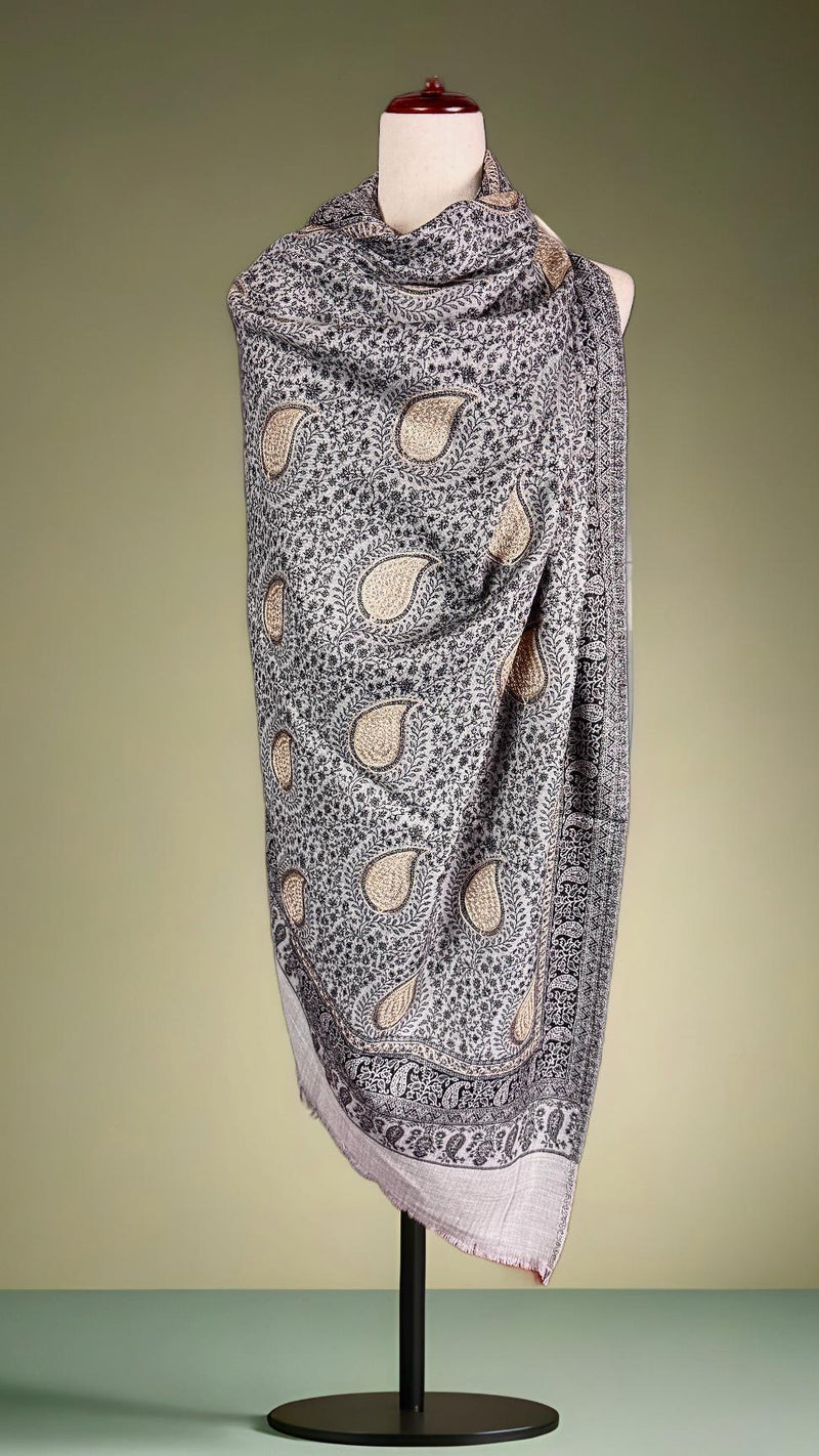 Grey Color Soft Pashmina Shawls with Resham Aari Work | Light Weight Shawls | Kashmiri Pashmina Shawls | Ships from California
