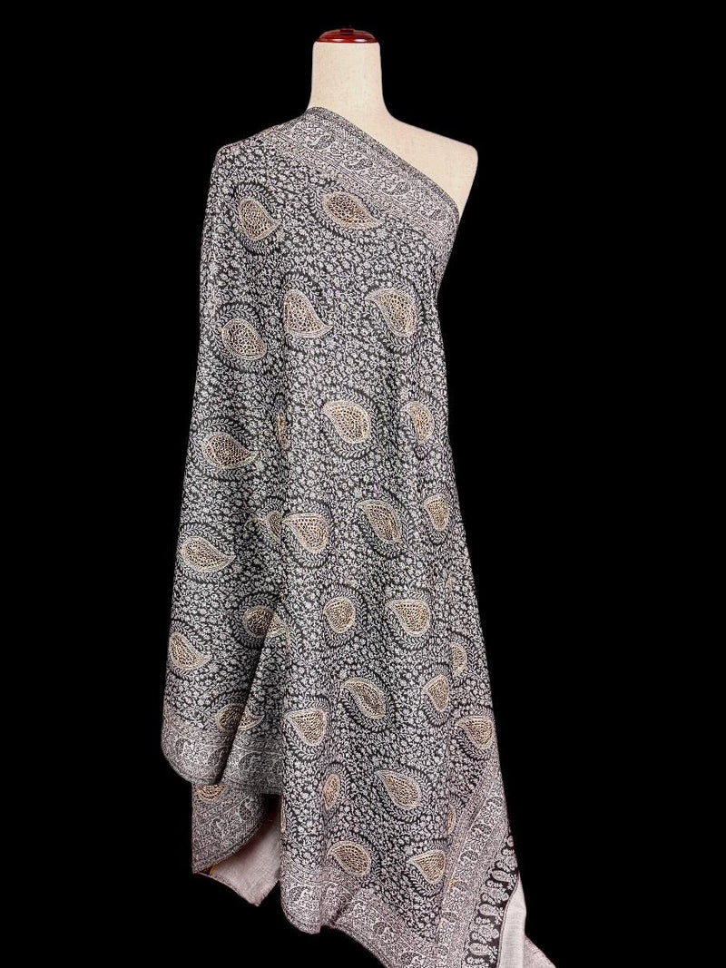 Grey Color Soft Pashmina Shawls with Resham Aari Work | Light Weight Shawls | Kashmiri Pashmina Shawls | Ships from California