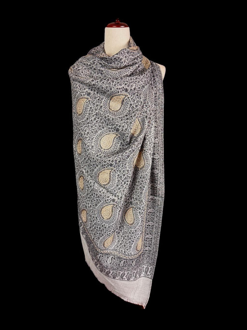 Grey Color Soft Pashmina Shawls with Resham Aari Work | Light Weight Shawls | Kashmiri Pashmina Shawls | Ships from California