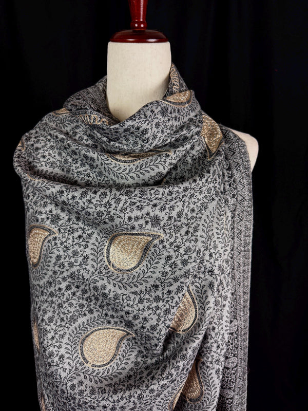 Grey Color Soft Pashmina Shawls with Resham Aari Work | Light Weight Shawls | Kashmiri Pashmina Shawls | Ships from California
