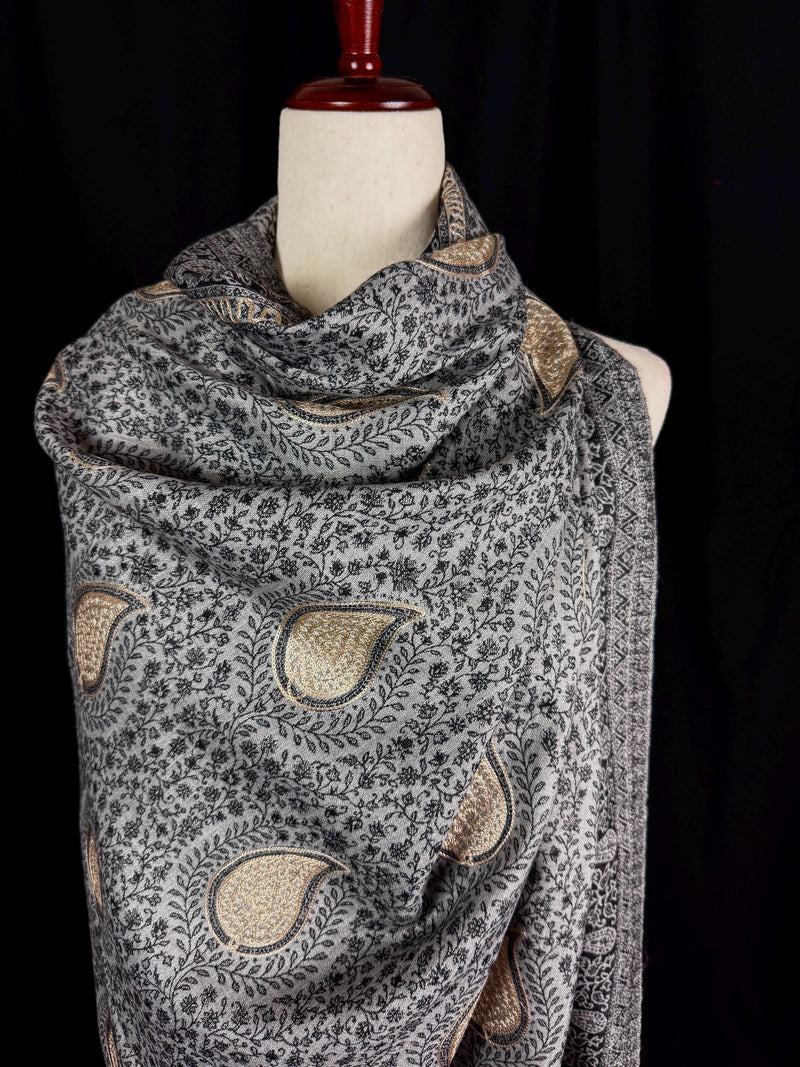 Grey Color Soft Pashmina Shawls with Resham Aari Work | Light Weight Shawls | Kashmiri Pashmina Shawls | Ships from California