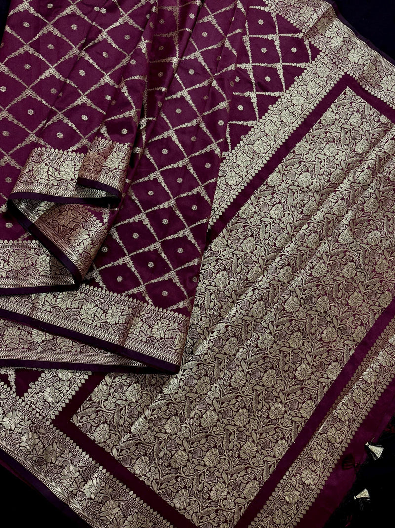 Handmade Wine Color Soft Silk Saree | Muted Gold Resham Zari Weave  | Brocade Blouse | Light Weight Easy Drape Saree | Gift For Her