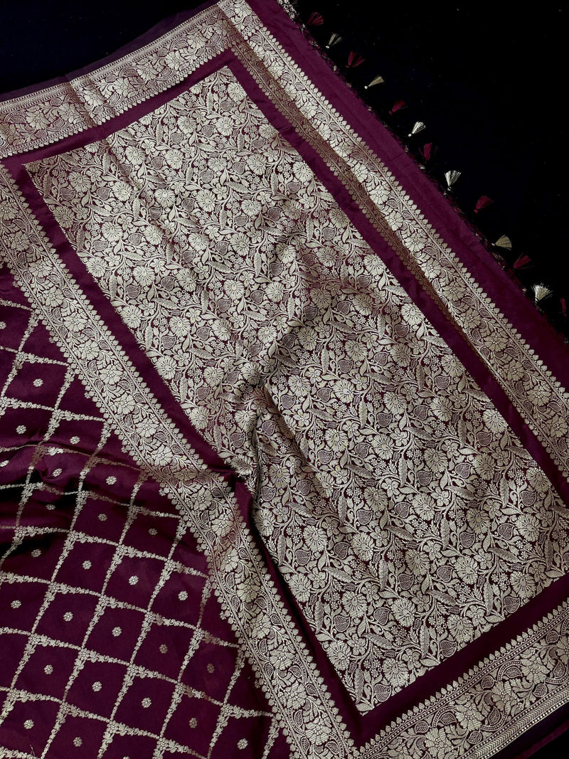 Handmade Wine Color Soft Silk Saree | Muted Gold Resham Zari Weave  | Brocade Blouse | Light Weight Easy Drape Saree | Gift For Her