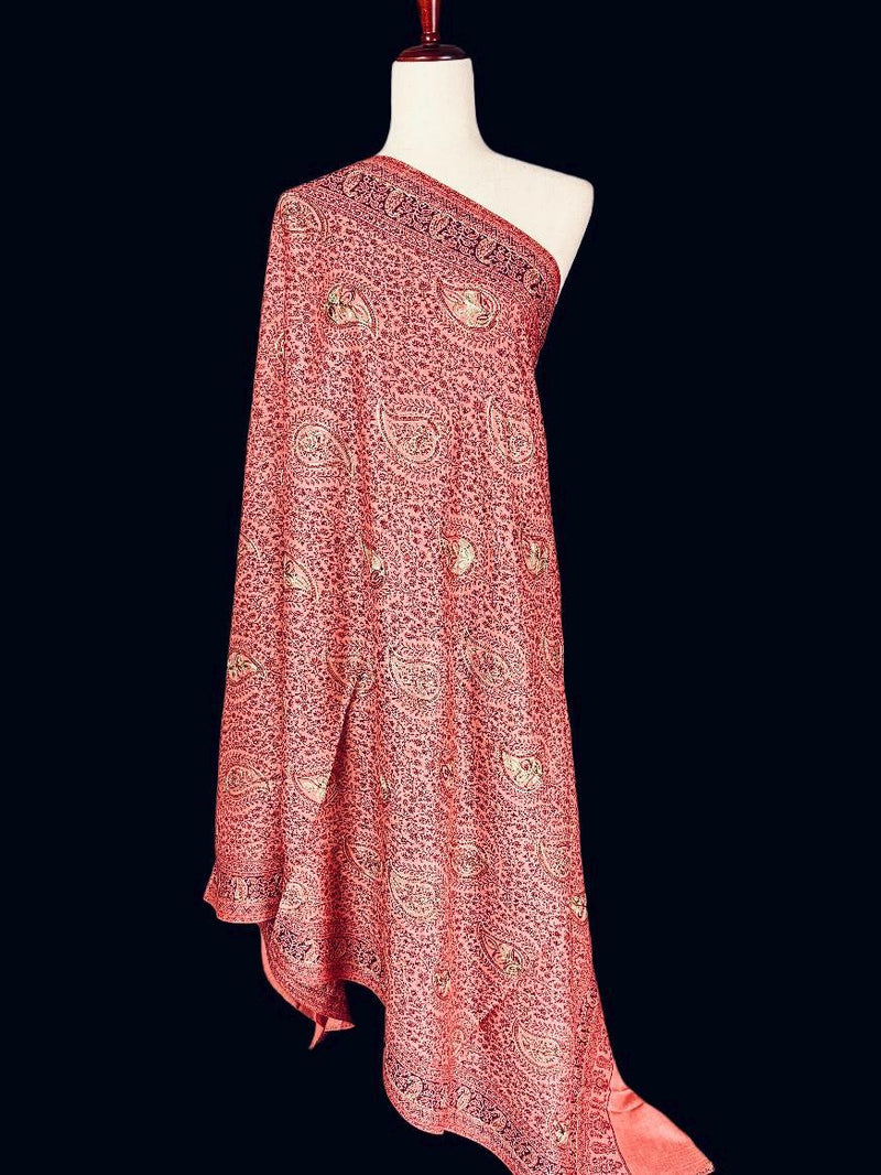 Peach Color Soft Pashmina Shawls with Resham Aari Work | Light Weight Reversable Shawls | Kashmiri Pashmina Shawls | Ships from California