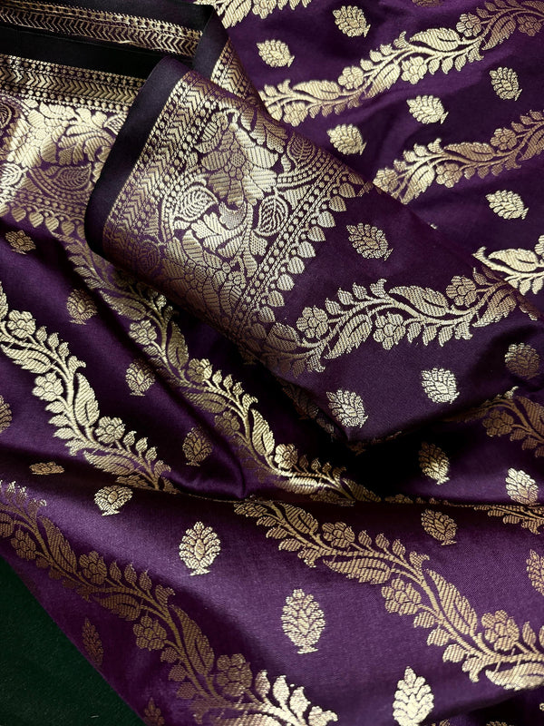 Eggplant Purple Color Semi Banarasi Silk Saree with Muted Gold Zari Weave