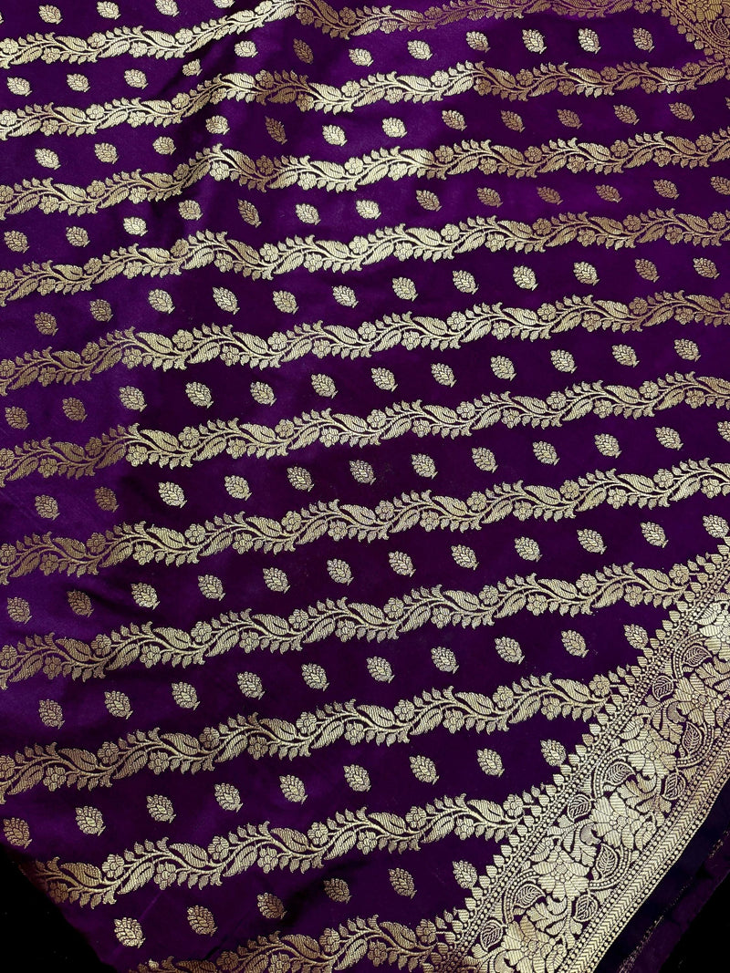 Eggplant Purple Color Semi Banarasi Silk Saree with Muted Gold Zari Weave