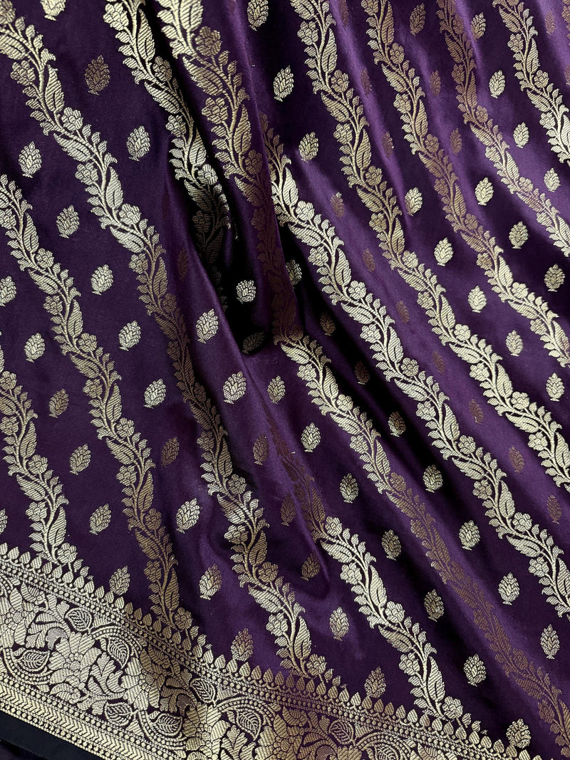 Eggplant Purple Color Semi Banarasi Silk Saree with Muted Gold Zari Weave
