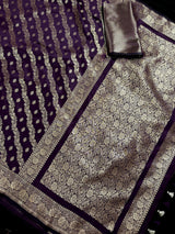 Eggplant Purple Color Semi Banarasi Silk Saree with Muted Gold Zari Weave