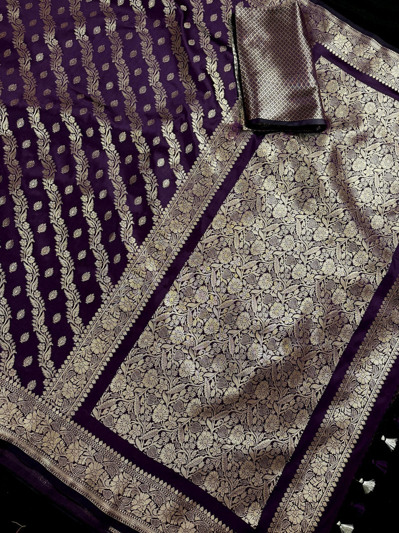 Eggplant Purple Color Semi Banarasi Silk Saree with Muted Gold Zari Weave