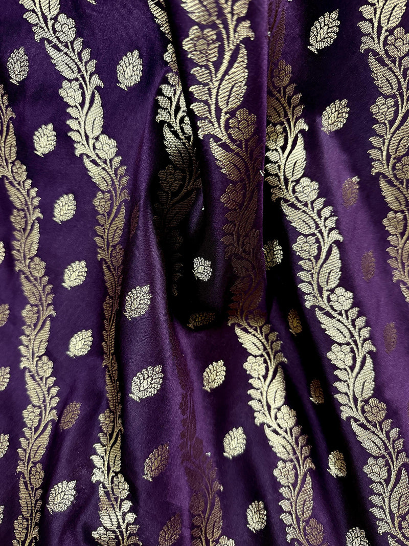 Eggplant Purple Color Semi Banarasi Silk Saree with Muted Gold Zari Weave