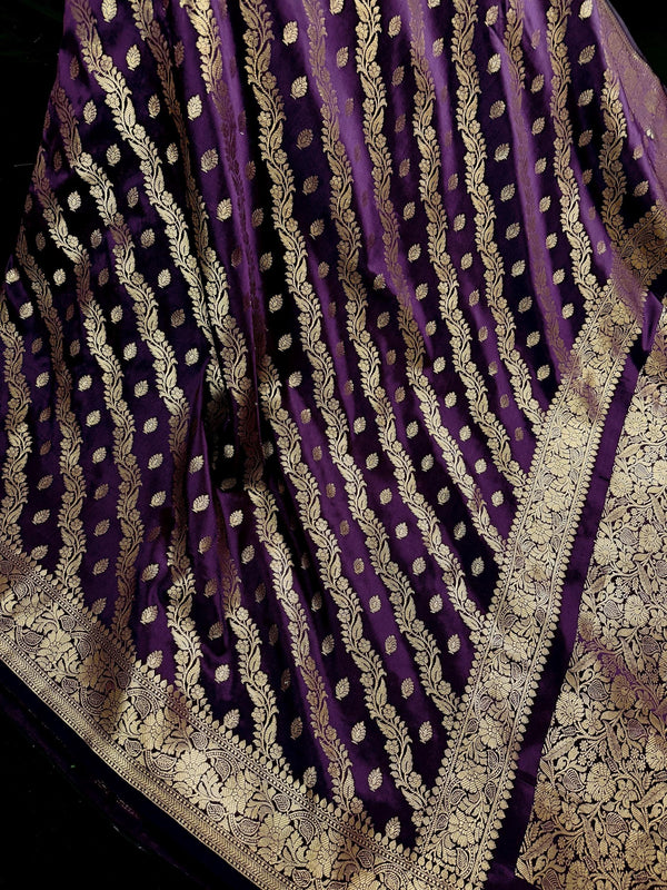 Eggplant Purple Color Semi Banarasi Silk Saree with Muted Gold Zari Weave