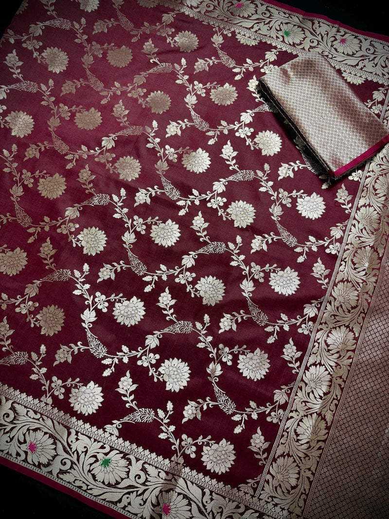 Statement Handmade Burgundy Color Semi Katan Banarasi Silk Saree | Soft Katan Sarees | Ships from California
