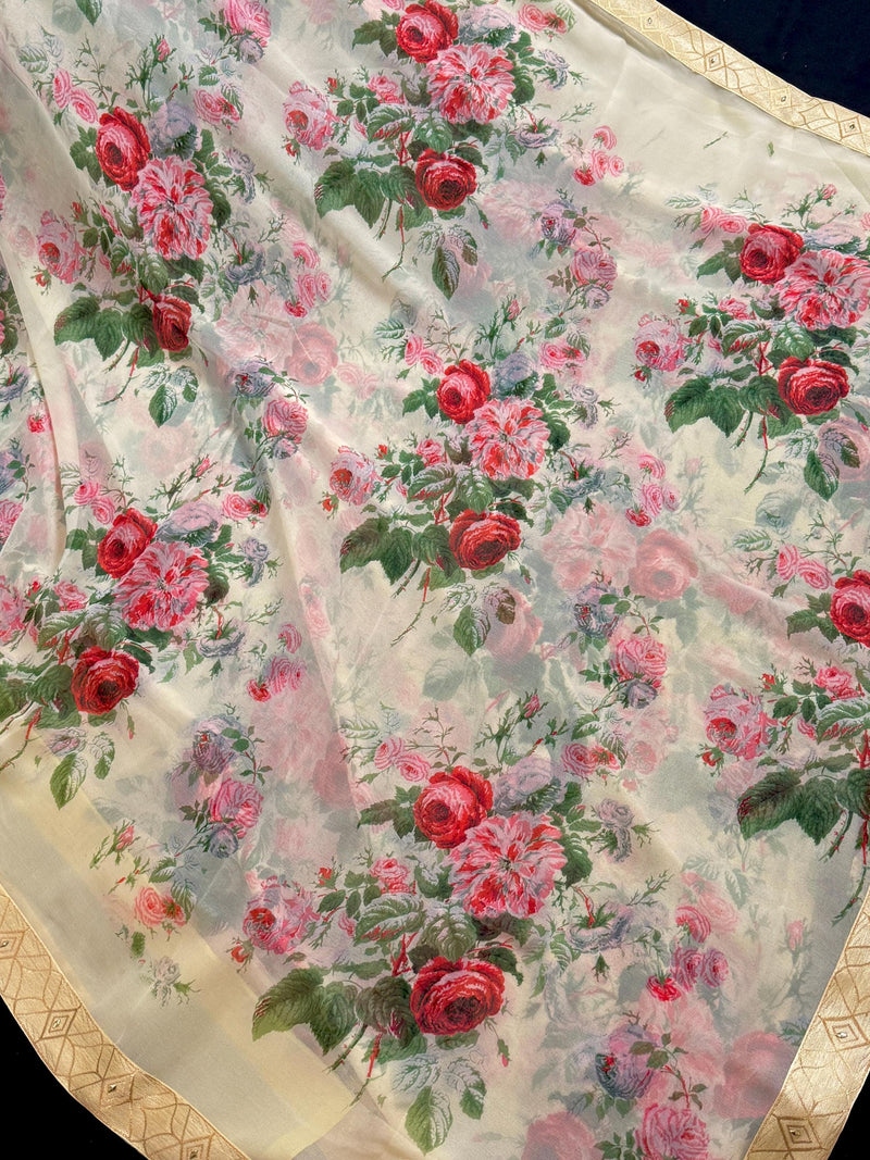 Floral Light Weight Chiffon Saree in Pastel Yellow Color with Muti-Color Floral design with Lace work on the border and Pallu | Gift For Her