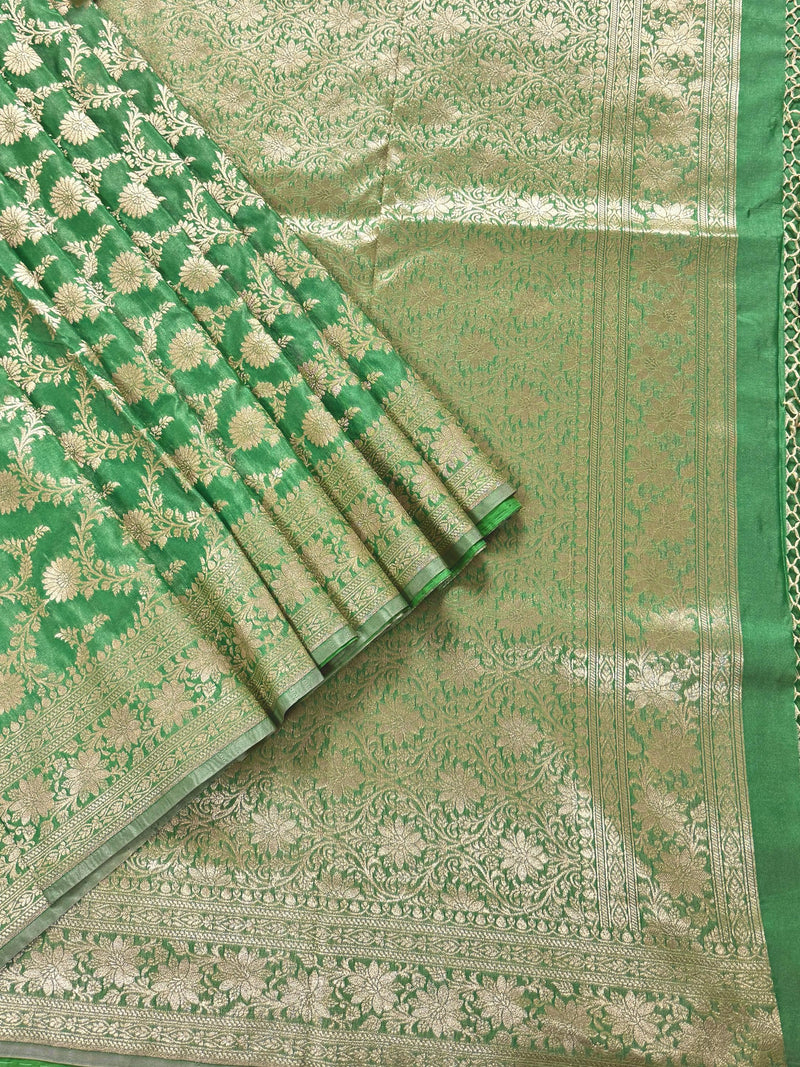 Pastel Pista Green Banarasi Silk in Muted Gold Zari with Floral Jaal Design  | Soft Silk Sarees | Banarasi Silk Sarees