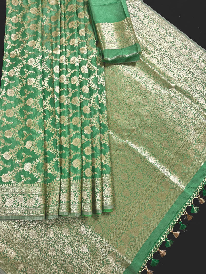 Pastel Pista Green Banarasi Silk in Muted Gold Zari with Floral Jaal Design  | Soft Silk Sarees | Banarasi Silk Sarees