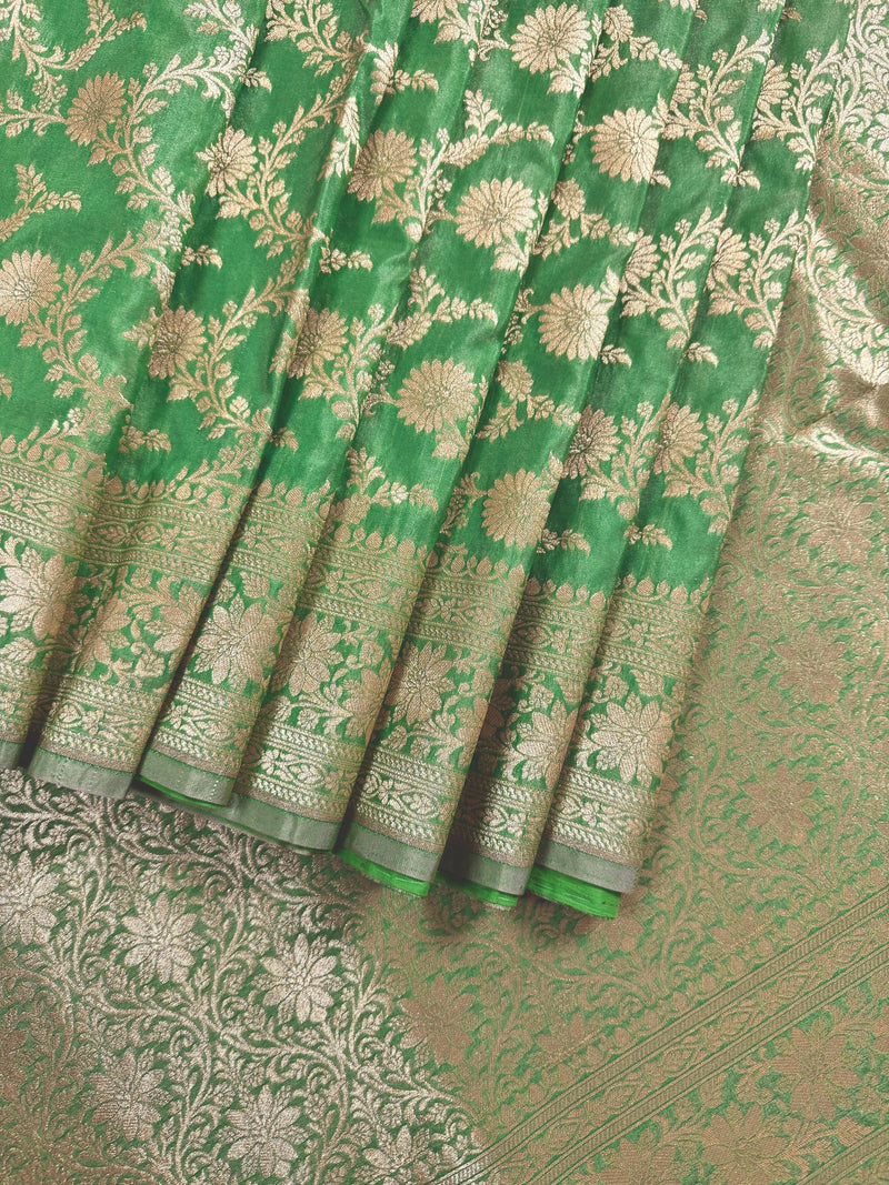 Pastel Pista Green Banarasi Silk in Muted Gold Zari with Floral Jaal Design  | Soft Silk Sarees | Banarasi Silk Sarees