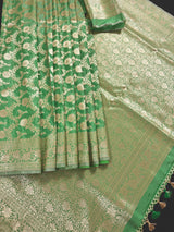 Pastel Pista Green Banarasi Silk in Muted Gold Zari with Floral Jaal Design  | Soft Silk Sarees | Banarasi Silk Sarees