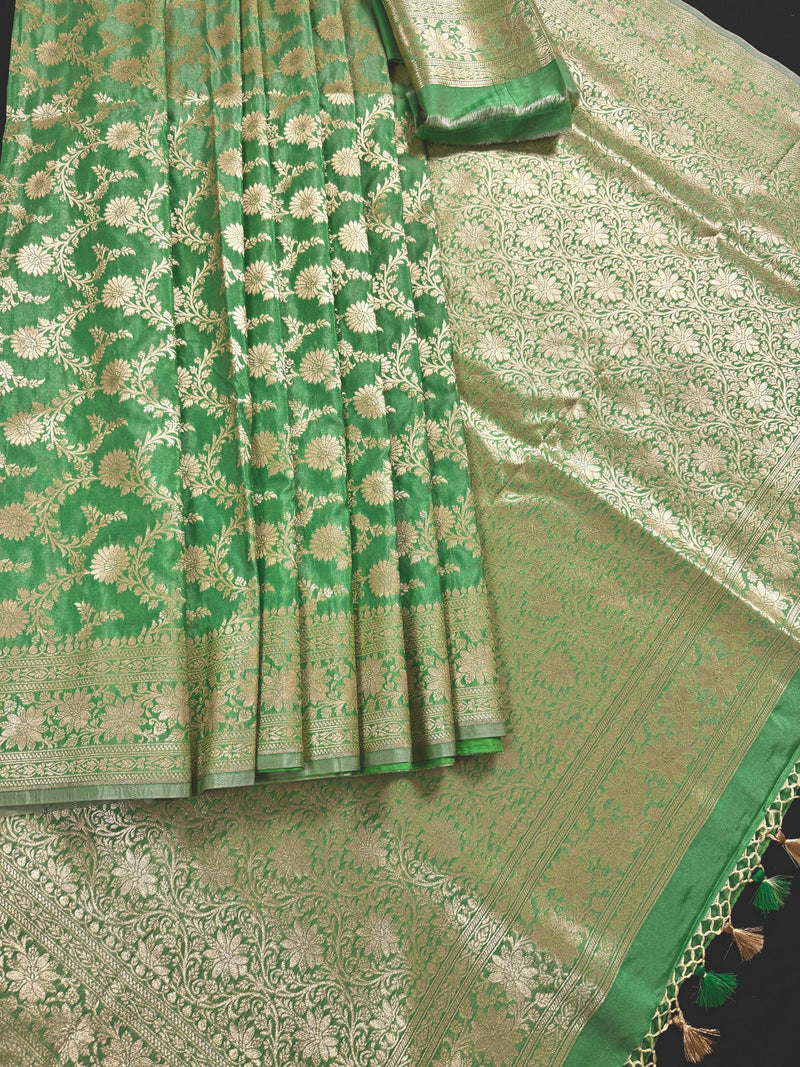 Pastel Pista Green Banarasi Silk in Muted Gold Zari with Floral Jaal Design  | Soft Silk Sarees | Banarasi Silk Sarees