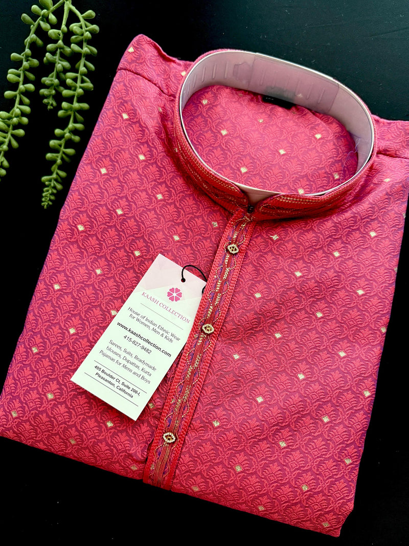 Strawberry Pink Color Soft Raw Silk Men Kurta Pajama Self Design and tiny Zari Weave | Party Wear Men Ethnic Wear | Wedding Wear Kurta