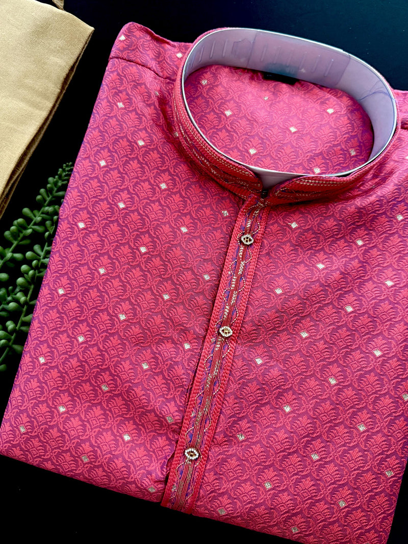Strawberry Pink Color Soft Raw Silk Men Kurta Pajama Self Design and tiny Zari Weave | Party Wear Men Ethnic Wear | Wedding Wear Kurta