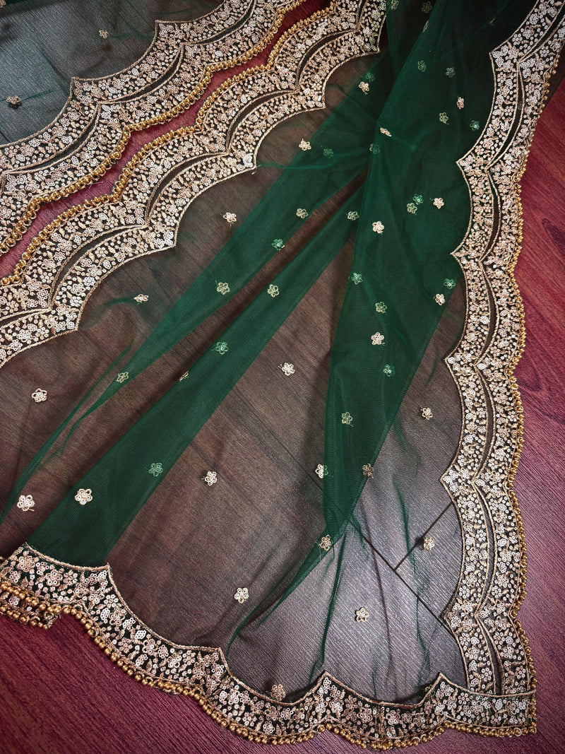 Bottle Green Color Net Dupatta with Gold Zari, Sequin and Beads | Pink Color Dupatta | Sequin Dupatta | Indian Dupatta for Lehanga