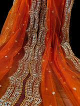 Bright Orange Color Net Dupatta with Gold Zari, Sequin and Beads | Pink Color Dupatta | Sequin Dupatta | Indian Dupatta for Lehanga