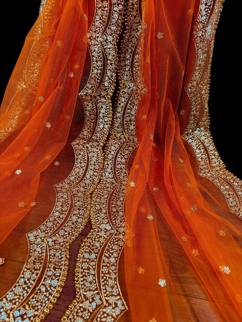 Bright Orange Color Net Dupatta with Gold Zari, Sequin and Beads | Pink Color Dupatta | Sequin Dupatta | Indian Dupatta for Lehanga
