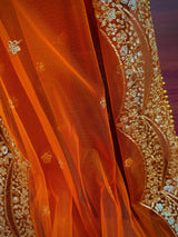 Bright Orange Color Net Dupatta with Gold Zari, Sequin and Beads | Pink Color Dupatta | Sequin Dupatta | Indian Dupatta for Lehanga