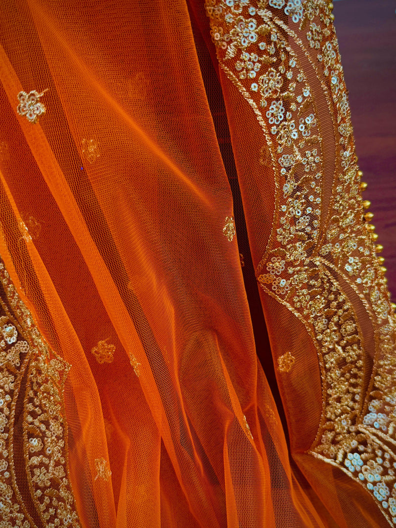 Bright Orange Color Net Dupatta with Gold Zari, Sequin and Beads | Pink Color Dupatta | Sequin Dupatta | Indian Dupatta for Lehanga