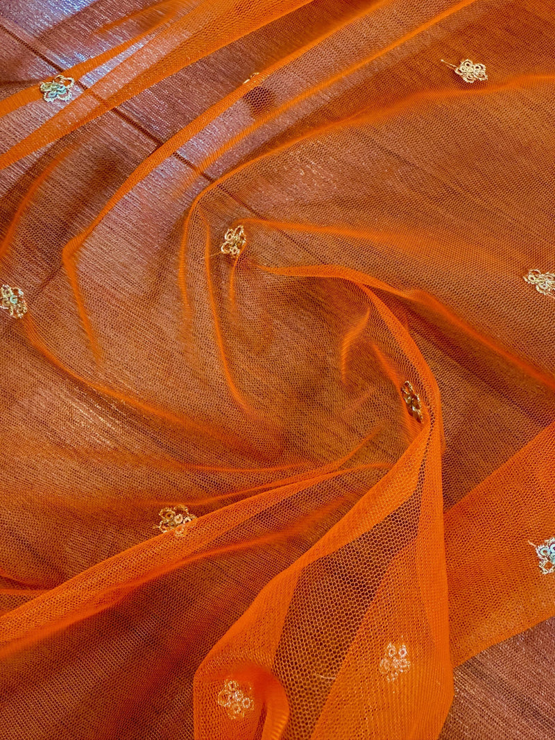 Bright Orange Color Net Dupatta with Gold Zari, Sequin and Beads | Pink Color Dupatta | Sequin Dupatta | Indian Dupatta for Lehanga