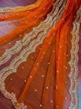 Bright Orange Color Net Dupatta with Gold Zari, Sequin and Beads | Pink Color Dupatta | Sequin Dupatta | Indian Dupatta for Lehanga