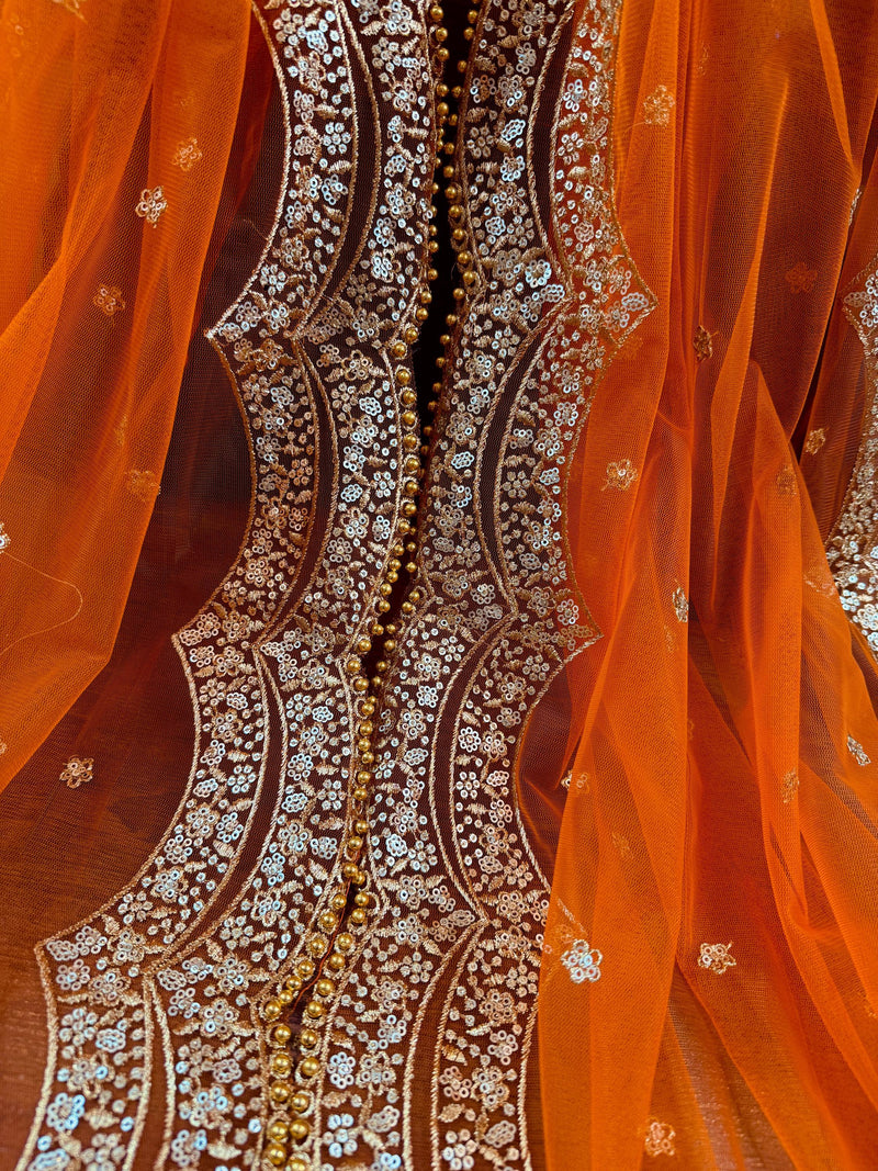 Bright Orange Color Net Dupatta with Gold Zari, Sequin and Beads | Pink Color Dupatta | Sequin Dupatta | Indian Dupatta for Lehanga