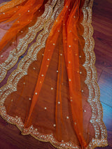 Bright Orange Color Net Dupatta with Gold Zari, Sequin and Beads | Pink Color Dupatta | Sequin Dupatta | Indian Dupatta for Lehanga