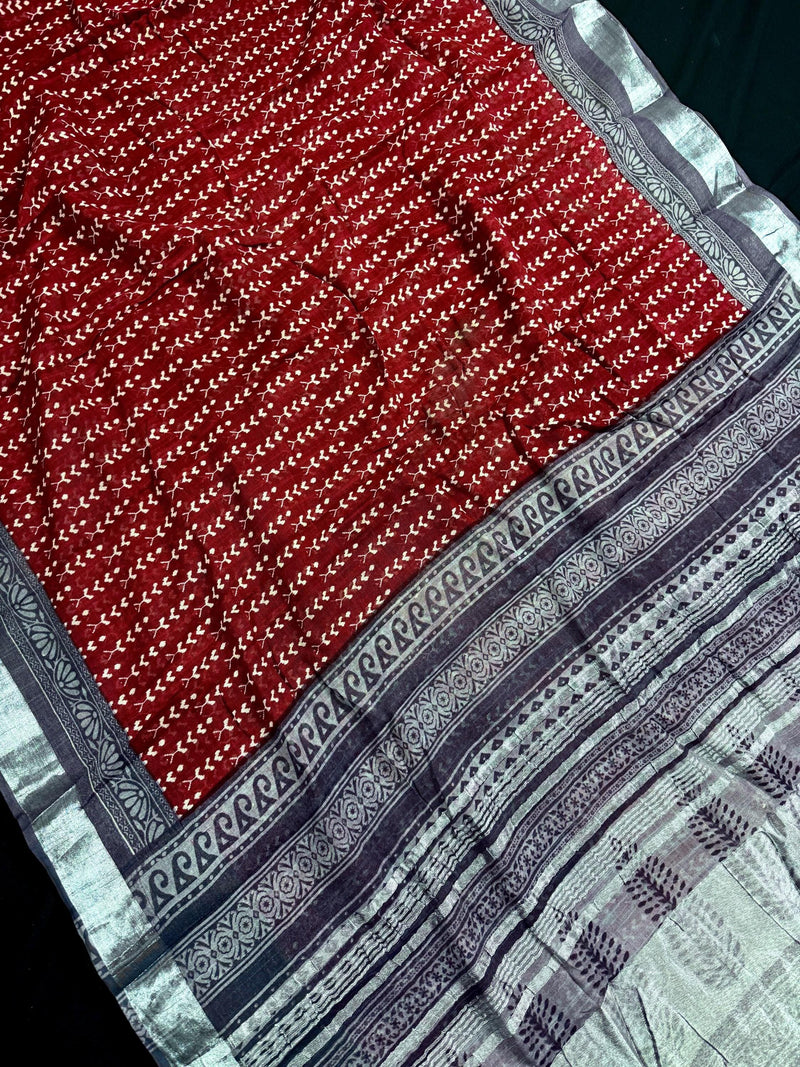 Deep Maroon Color Pure Khaadi Cotton Linen Blend with Ikkat Pattern Prints and Sliver Zari  | Cotton and Linen Saree | Indian Saree for Gift
