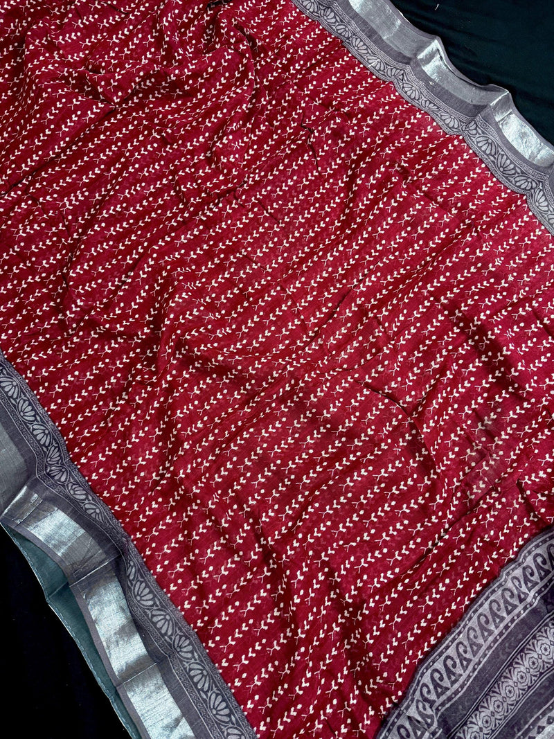 Deep Maroon Color Pure Khaadi Cotton Linen Blend with Ikkat Pattern Prints and Sliver Zari  | Cotton and Linen Saree | Indian Saree for Gift