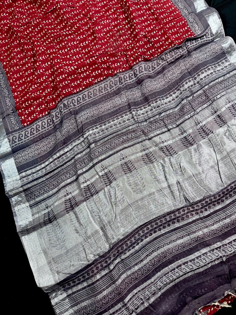Deep Maroon Color Pure Khaadi Cotton Linen Blend with Ikkat Pattern Prints and Sliver Zari  | Cotton and Linen Saree | Indian Saree for Gift