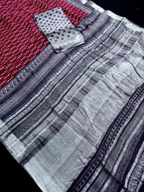 Deep Maroon Color Pure Khaadi Cotton Linen Blend with Ikkat Pattern Prints and Sliver Zari  | Cotton and Linen Saree | Indian Saree for Gift